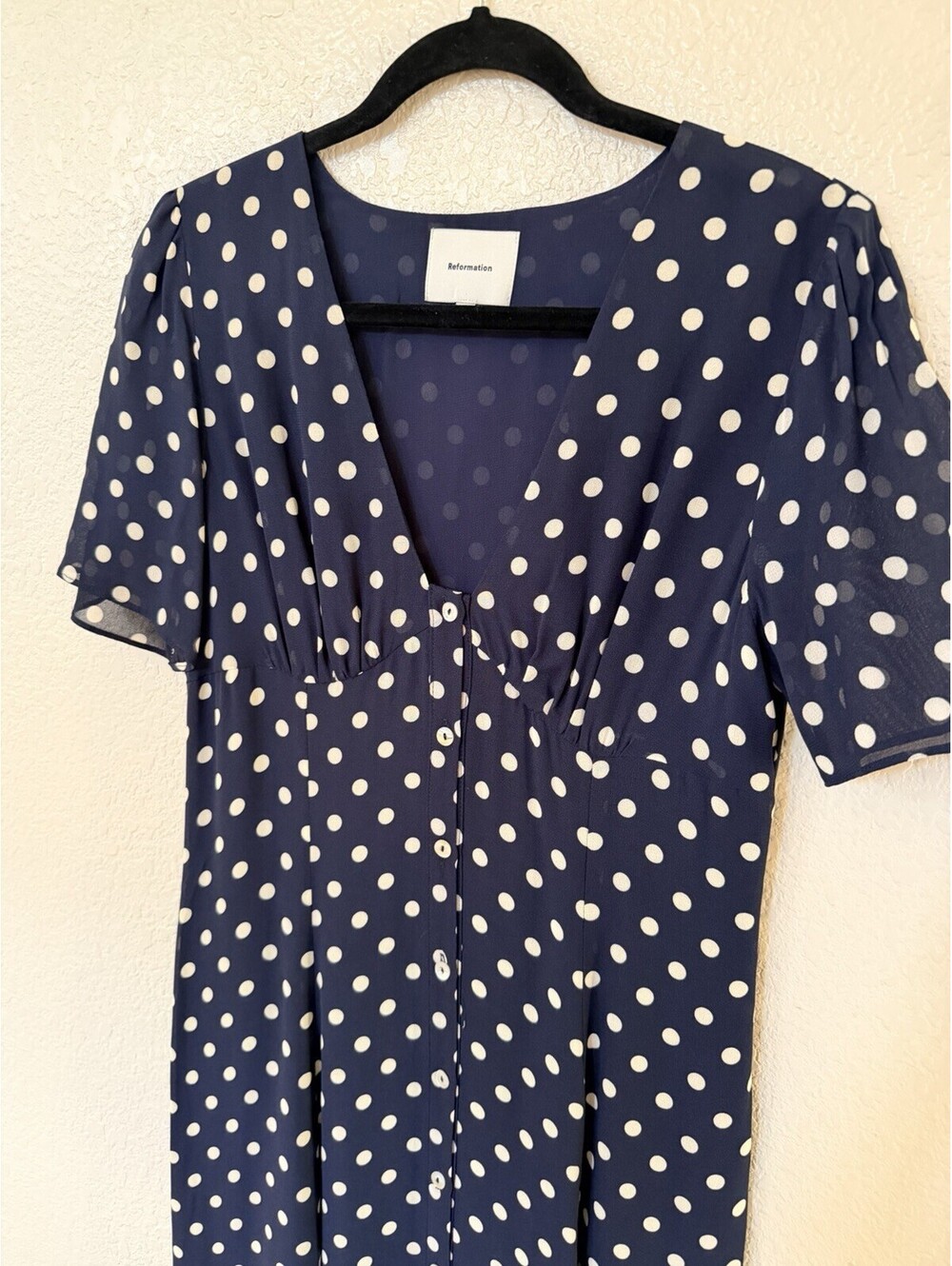 New Reformation Lise Polka Dot Chiffon Dress In Navy Size 6 $198 - Picture 5 of 12
